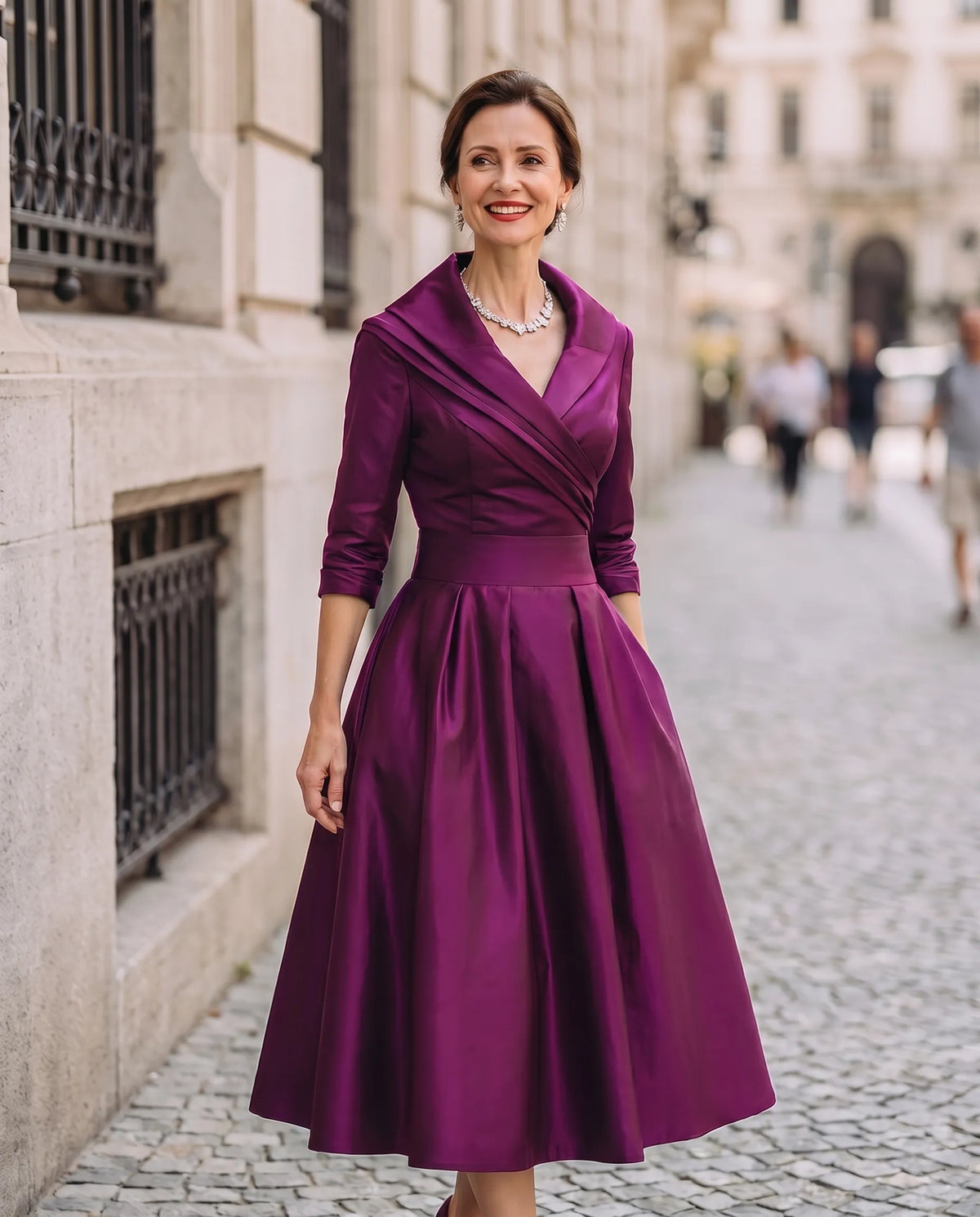 Women's A-Line Elegant Midi Wedding Guest Dress with Three Quarter Sleeves