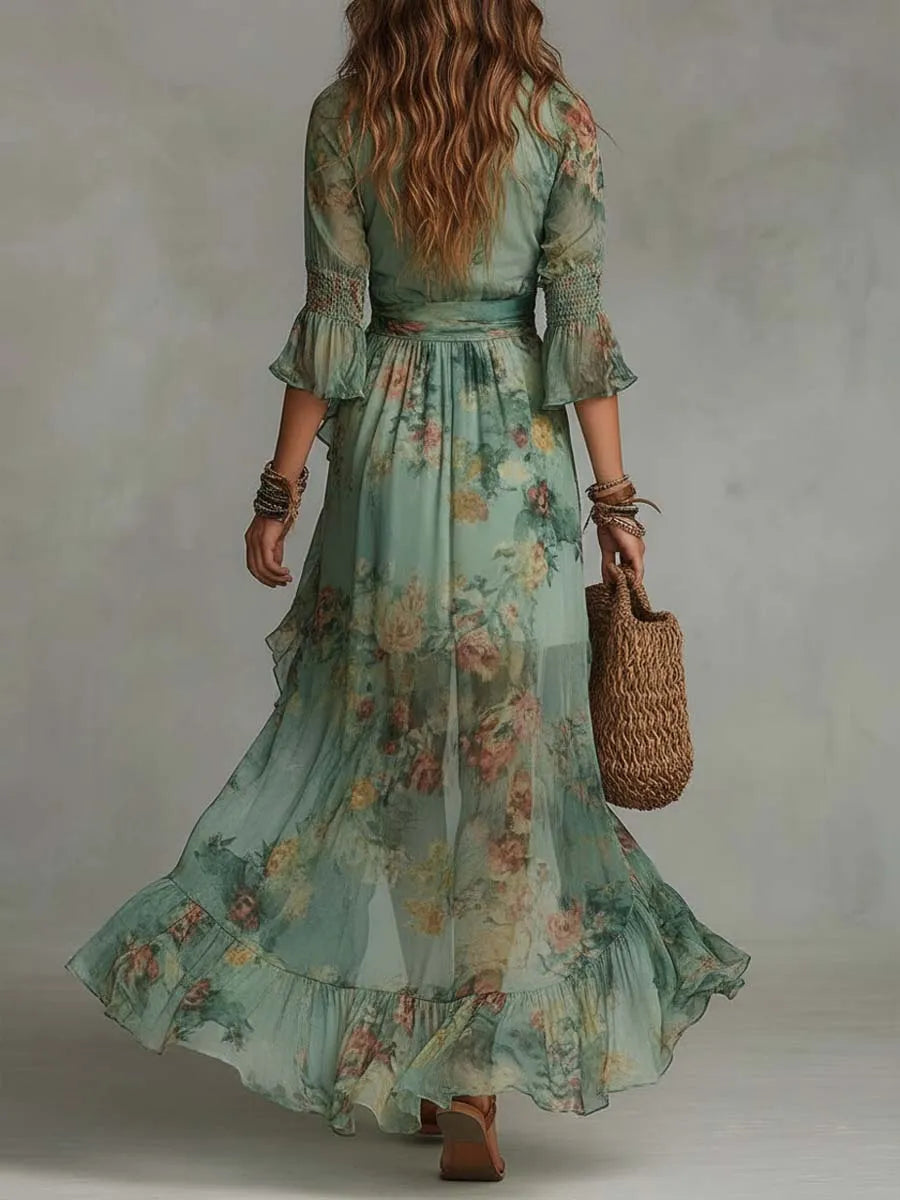 Women's Boho Floral Maxi Wedding Guest Dress with Ruffle