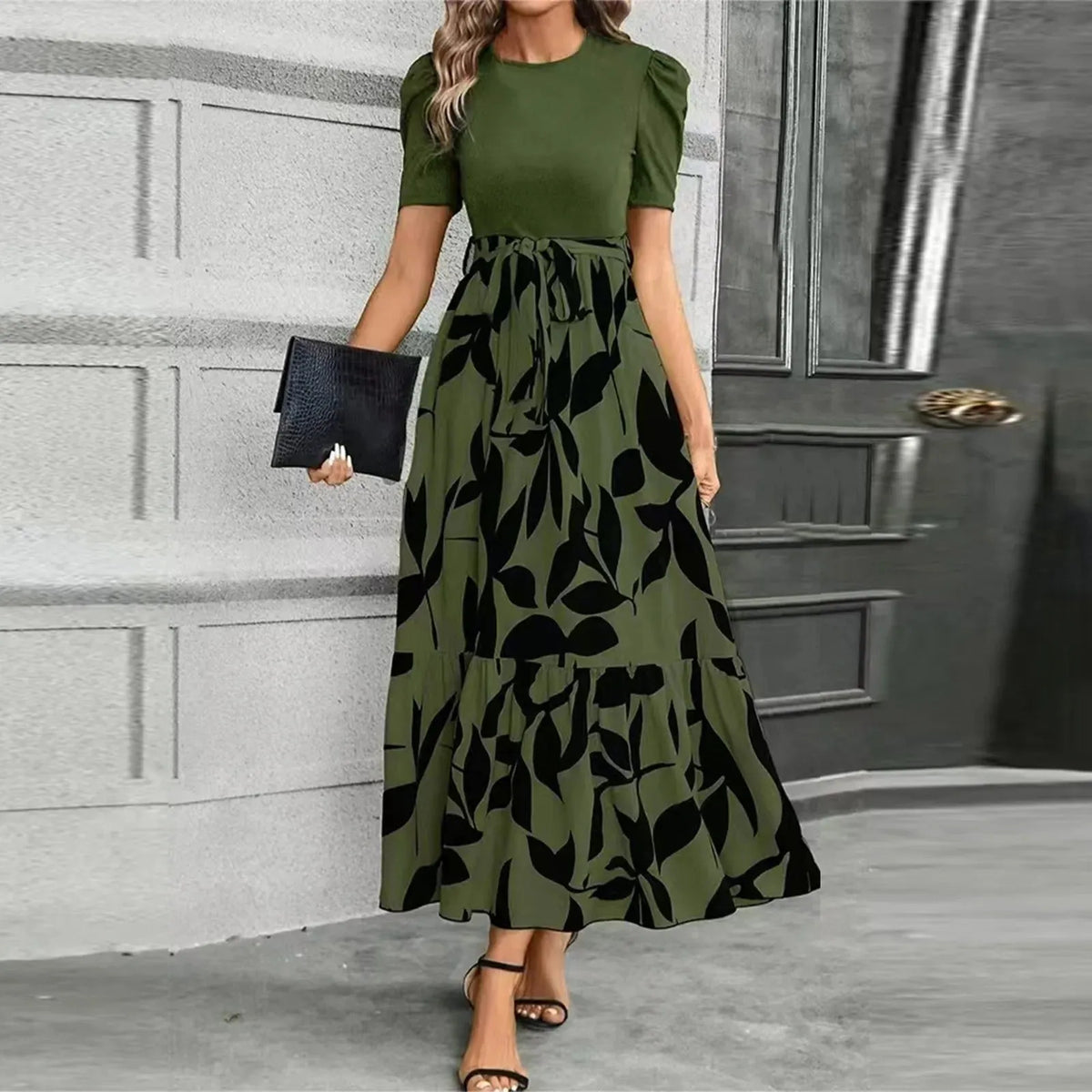 Women’s Elegant A-Line Maxi Wedding Guest Dress with Ruffle Hem