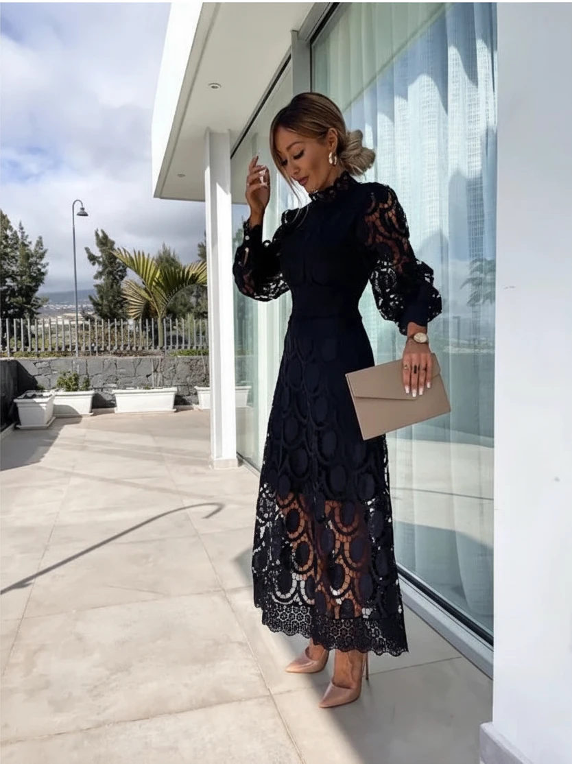 Women's Elegant High Neck Maxi Wedding Guest Dress with Long Sleeve