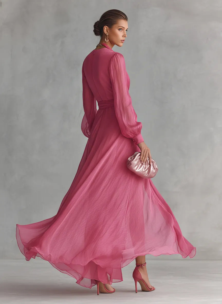 Women’s Elegant Long Sleeves Maxi Wedding Guest Dress with V-Neck