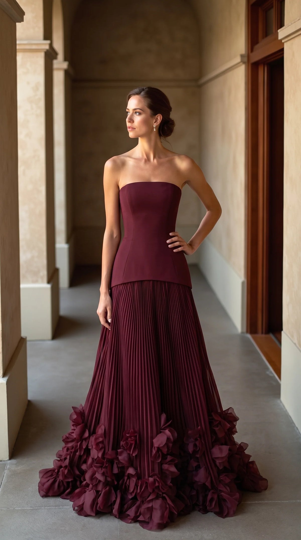 Women’s Elegant Pleated Maxi Wedding Guest Dress with Strapless Neckline