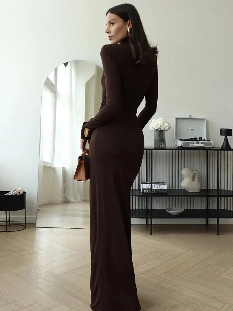 Women's Elegant Ruched Maxi Wedding Guest Dress with High Neck