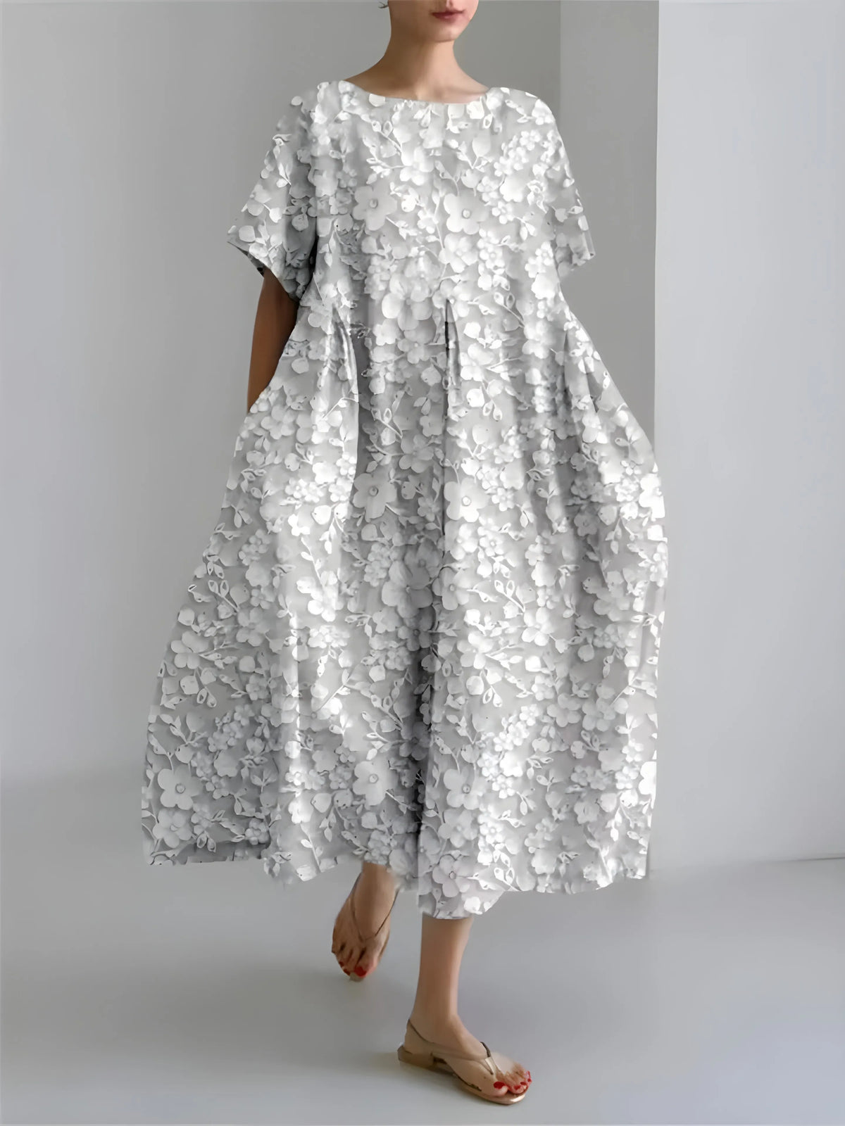 Women’s Flowy Floral Midi Wedding Guest Dress with Short Sleeves
