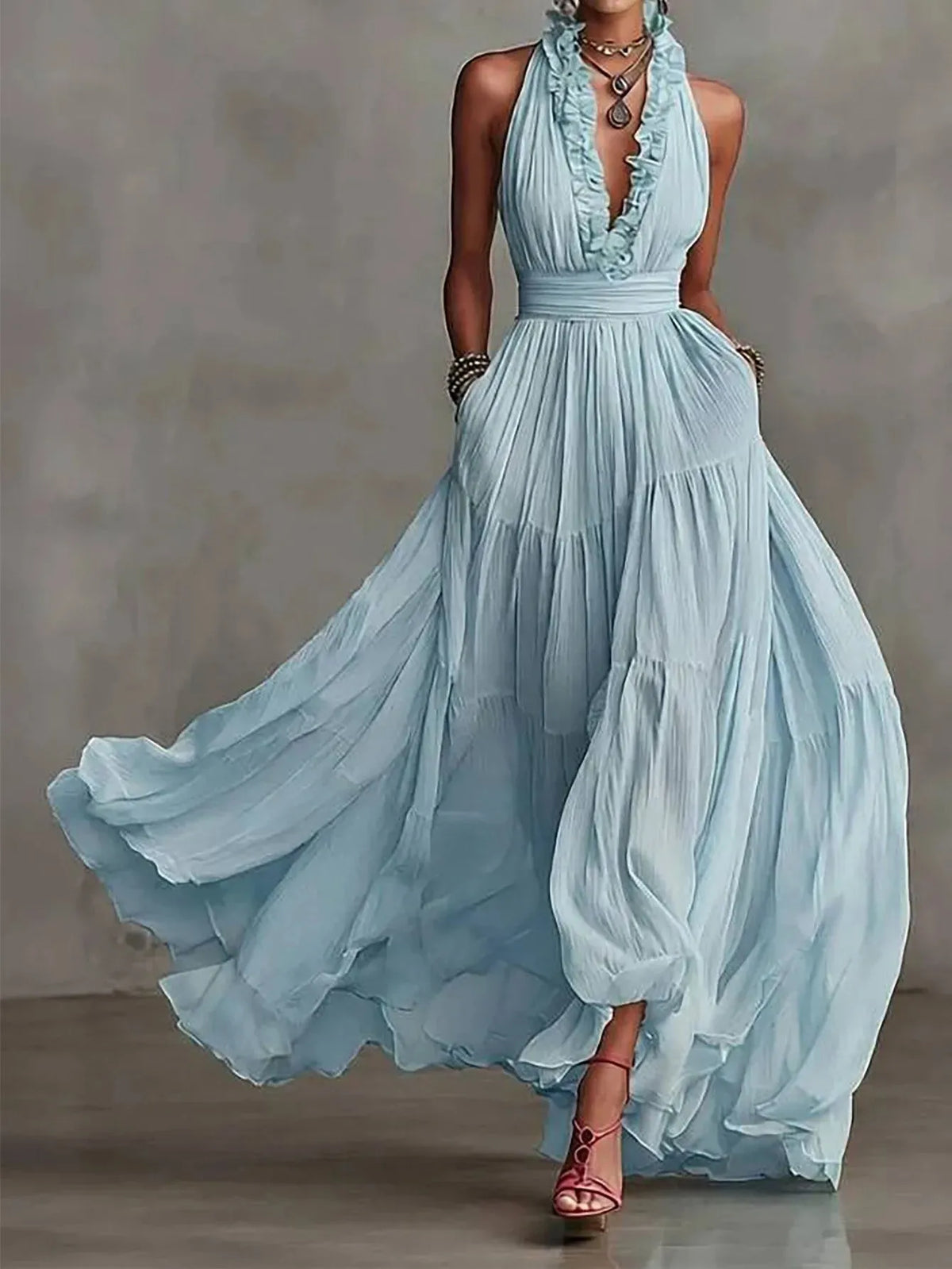 Women's Formal Boho Maxi Wedding Guest Dress with Halter Neck