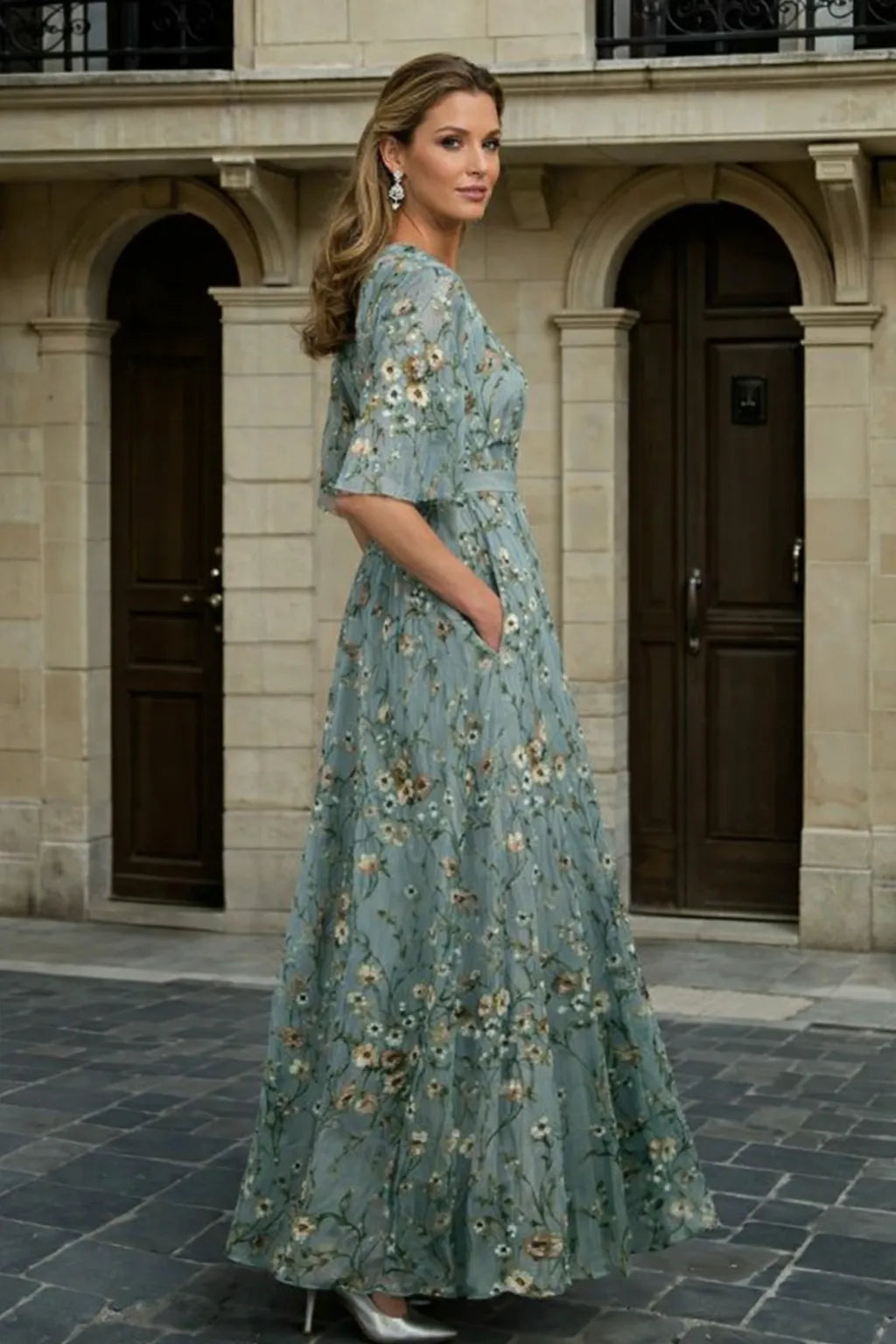 Women's Formal Floral Maxi Wedding Guest Dress with Short Sleeve