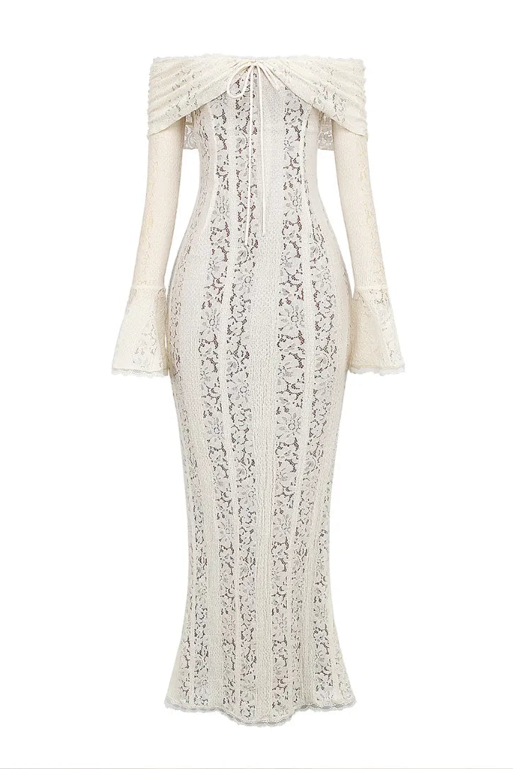 Women’s Long Sleeve Elegant Maxi Wedding Guest Dress with Bardot Neckline