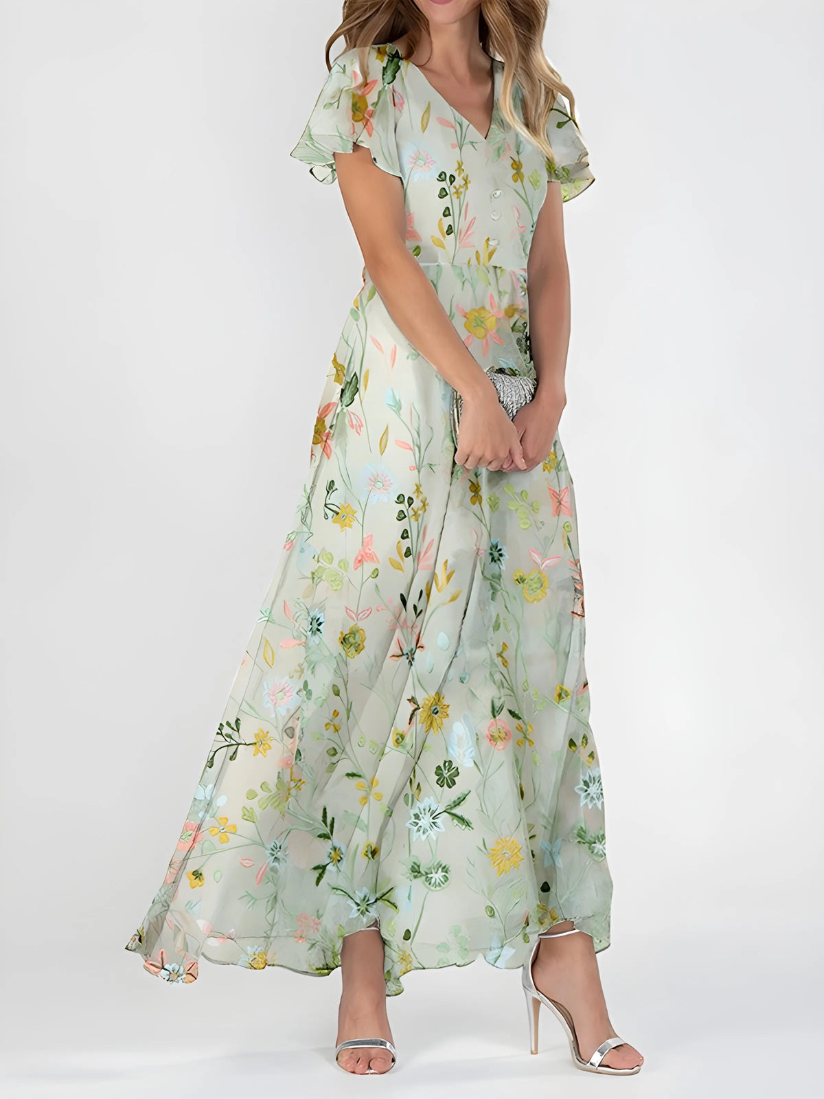 Women's Elegant Floral Maxi Wedding Guest Dress with V-Neck