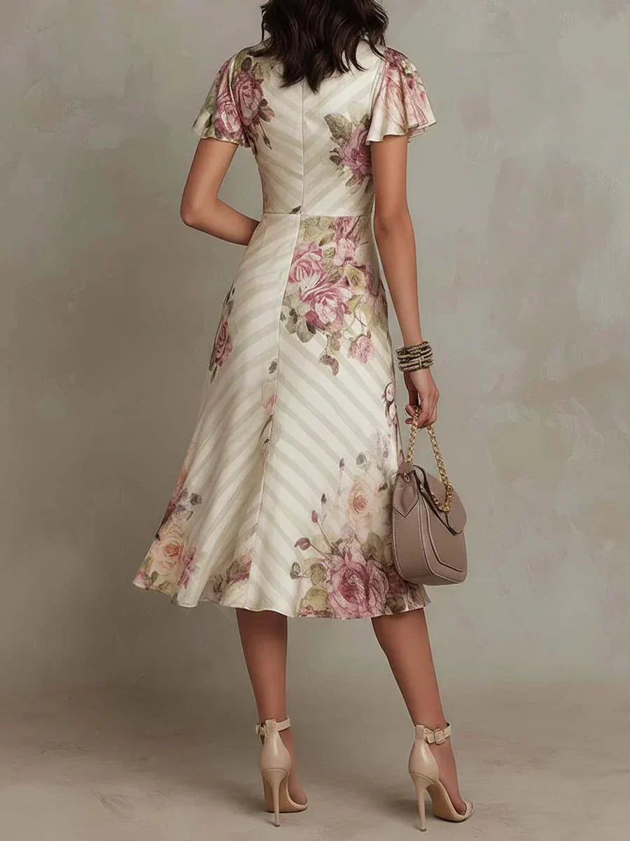 Women’s Floral Ruched Midi Wedding Guest Dress with Flutter Sleeves