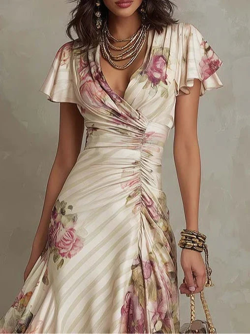Women’s Floral Ruched Midi Wedding Guest Dress with Flutter Sleeves