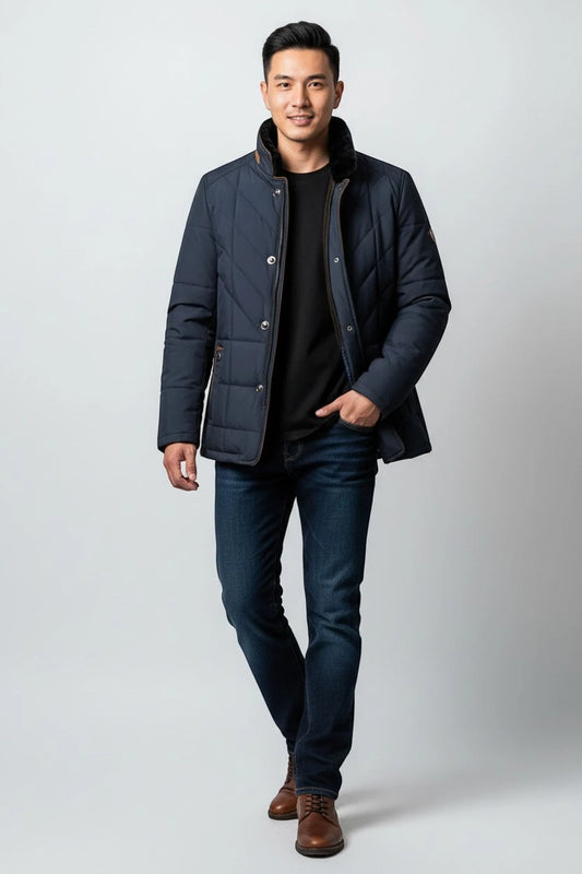 Men's Quilted Puffer Jacket with Zip Closure and High Collar