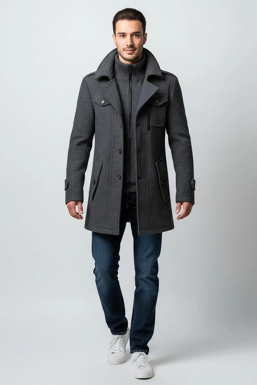 Men's Thermal Overcoat with Button Closure and Zip Closure