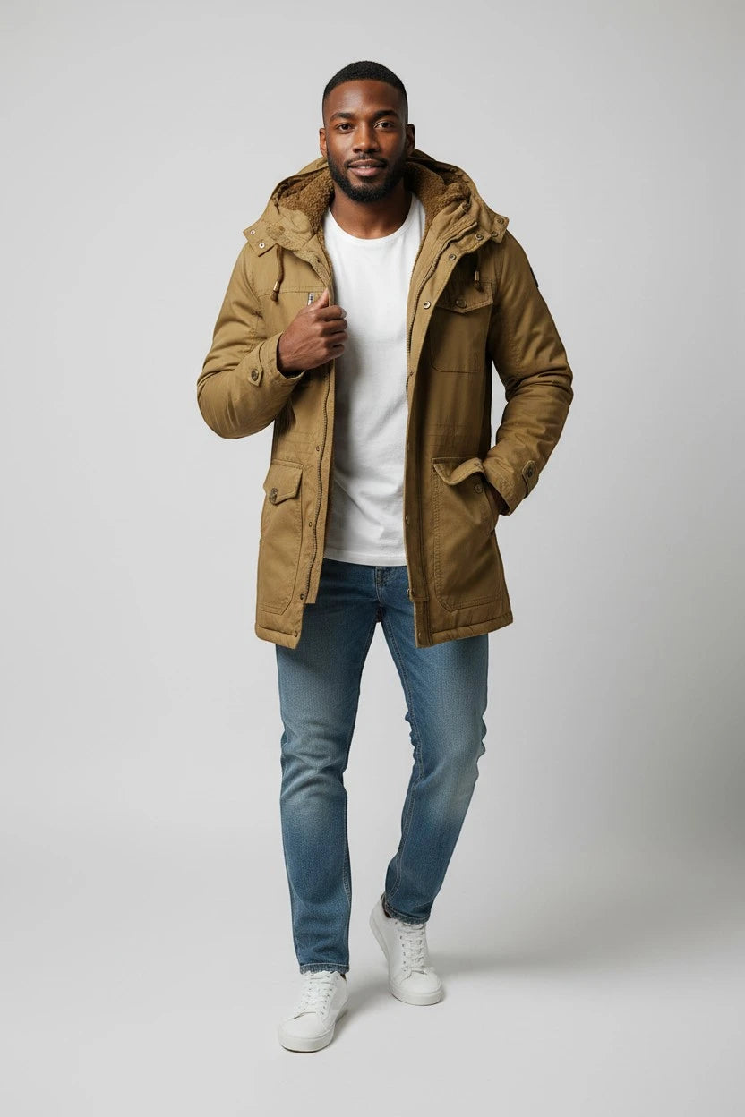Men's Winter Puffer Jacket with Hood and Zip-Up