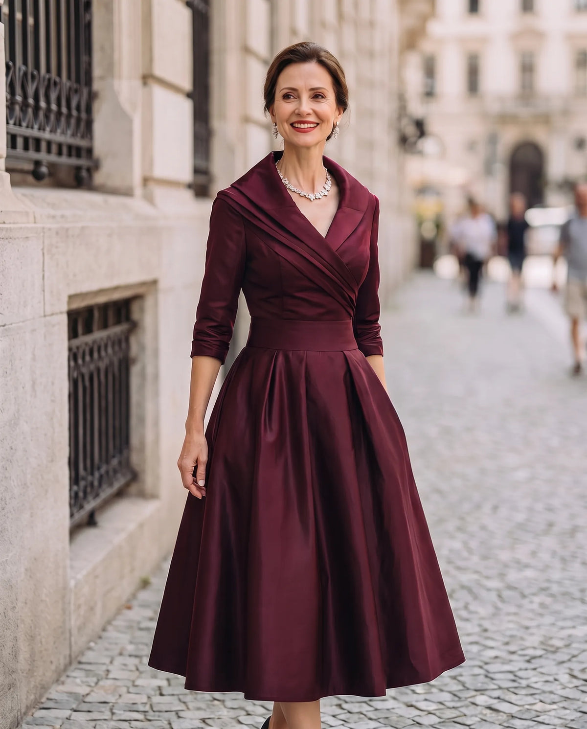 Women's A-Line Elegant Midi Wedding Guest Dress with Three Quarter Sleeves