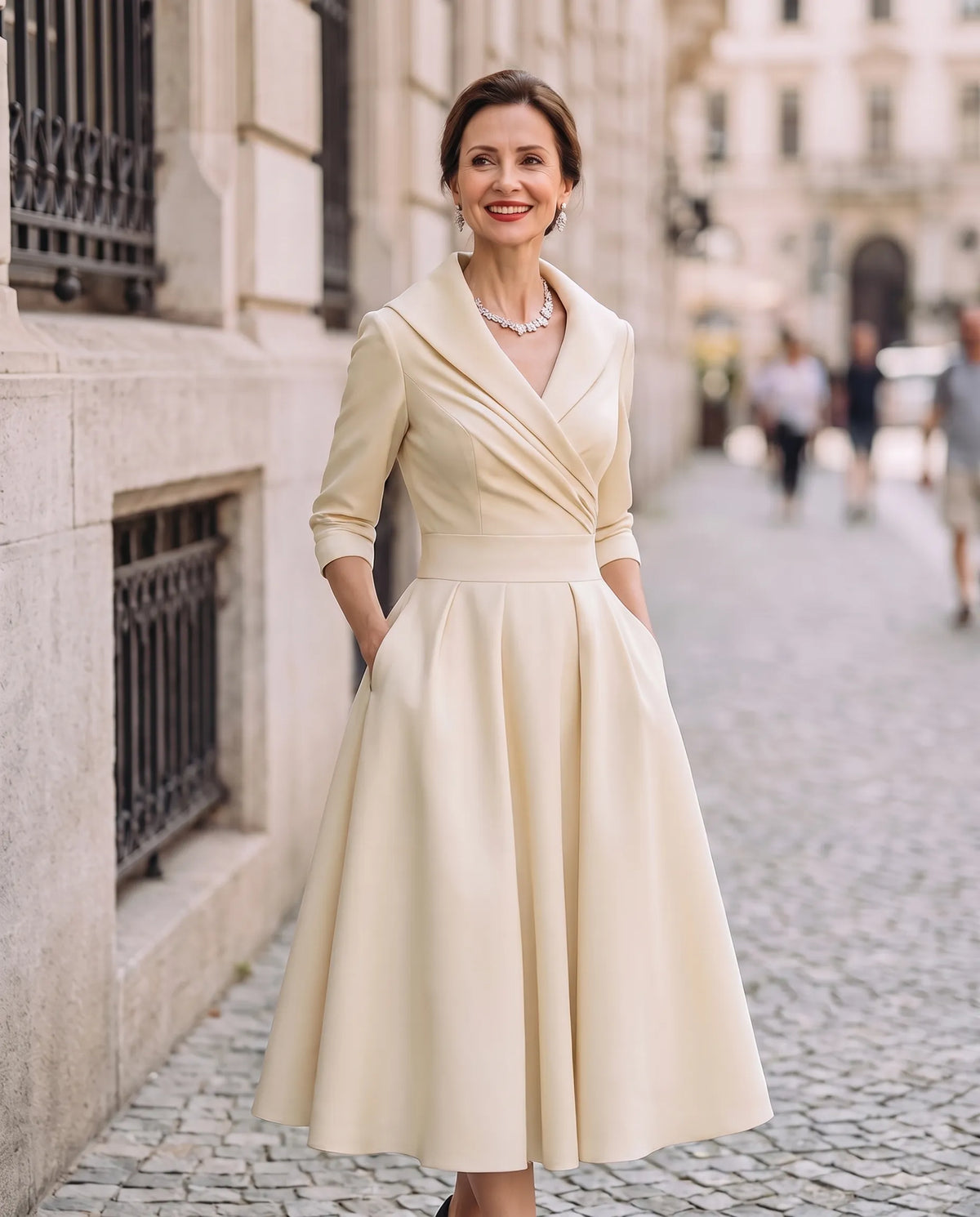 Women's A-Line Elegant Midi Wedding Guest Dress with Three Quarter Sleeves