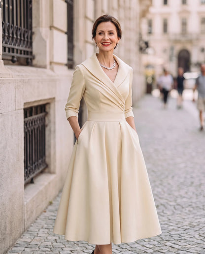 Women's A-Line Elegant Midi Wedding Guest Dress with Three Quarter Sleeves