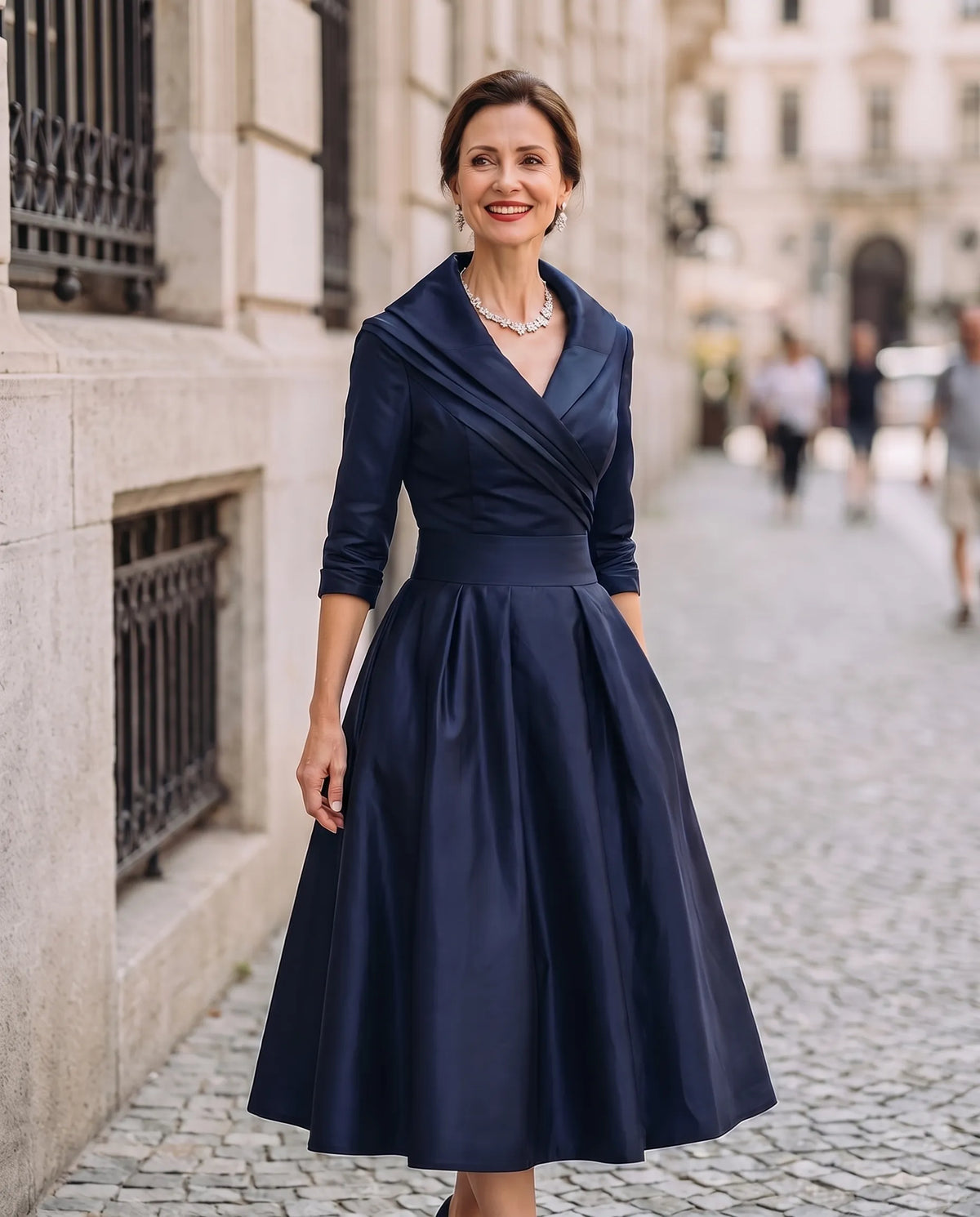 Women's A-Line Elegant Midi Wedding Guest Dress with Three Quarter Sleeves
