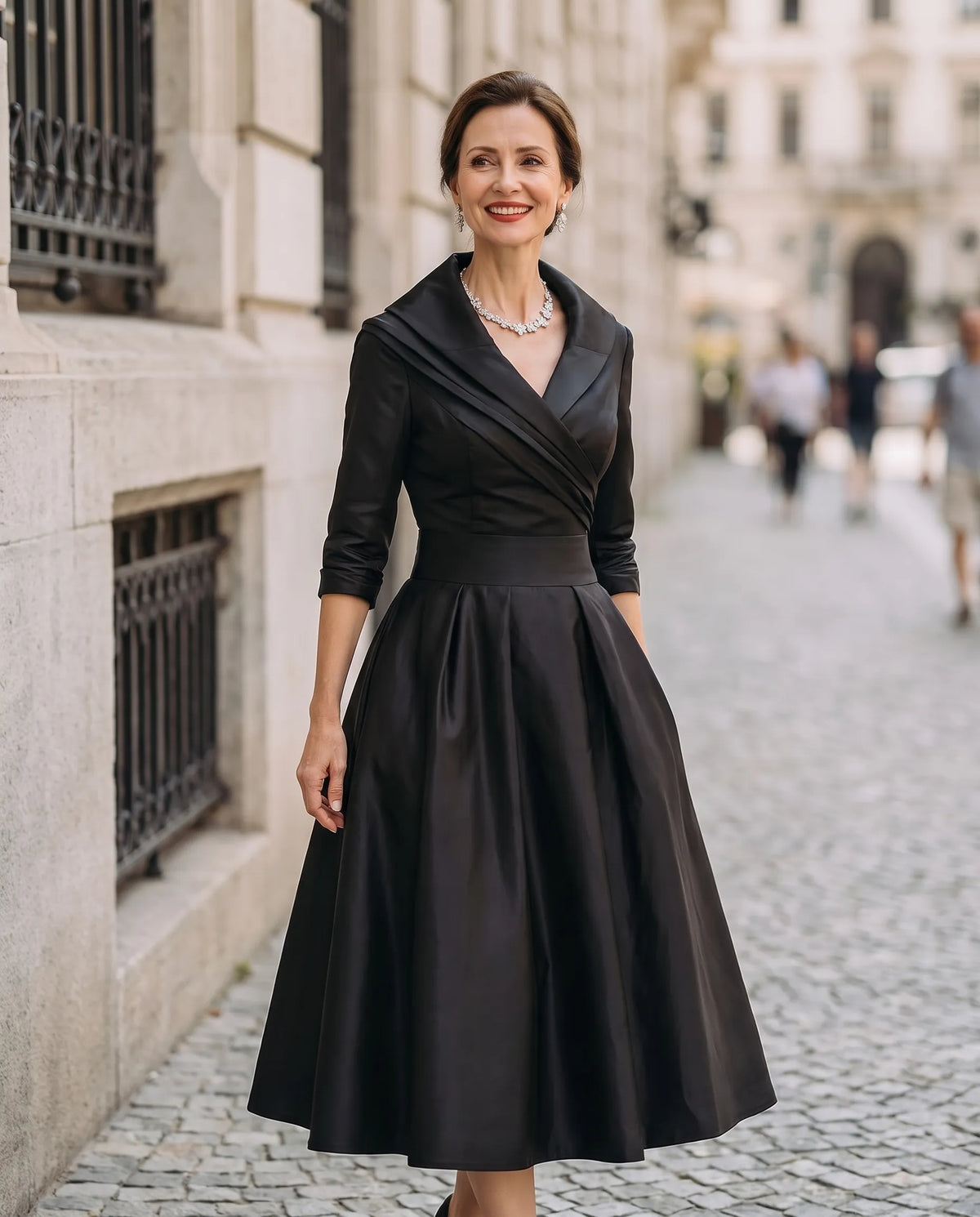 Women's A-Line Elegant Midi Wedding Guest Dress with Three Quarter Sleeves
