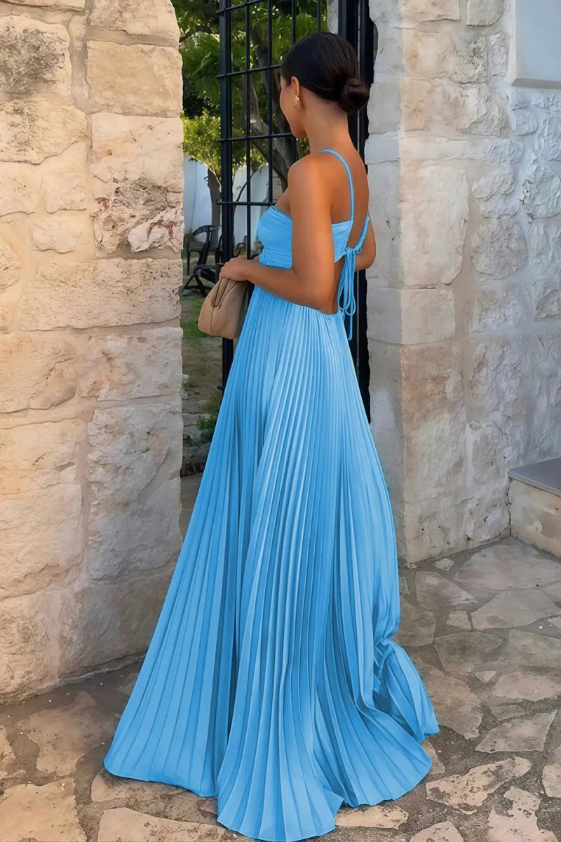 Women’s A-Line Flowy Maxi Wedding Guest Dress with Pleated Detail