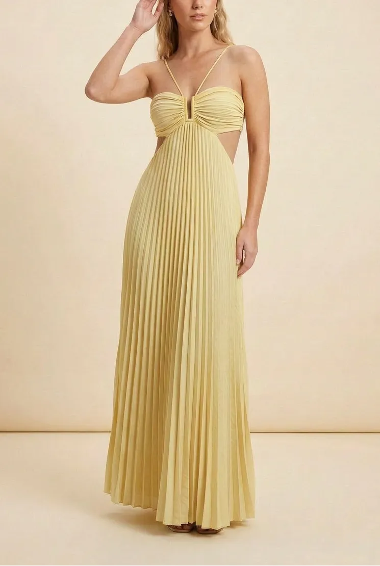 Women’s A-Line Flowy Maxi Wedding Guest Dress with Pleated Detail