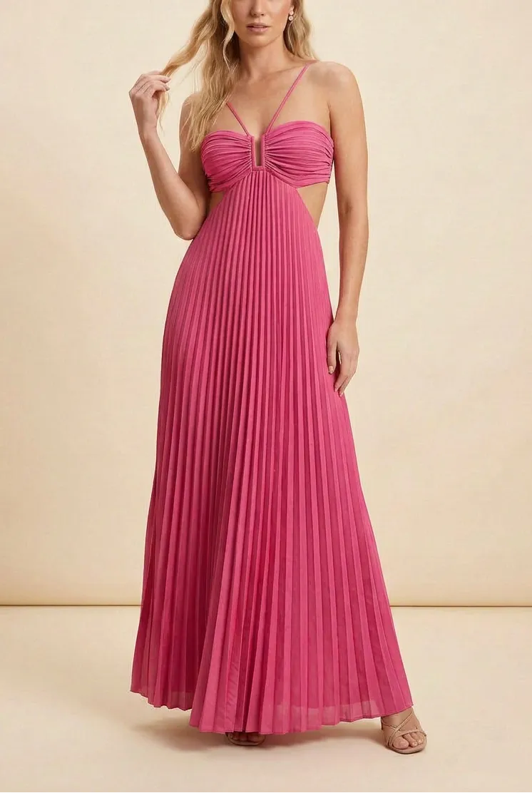 Women’s A-Line Flowy Maxi Wedding Guest Dress with Pleated Detail