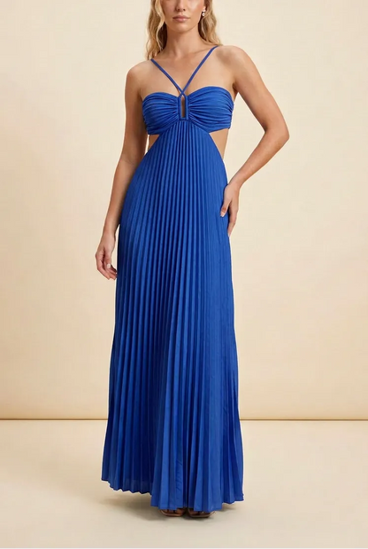 Women’s A-Line Flowy Maxi Wedding Guest Dress with Pleated Detail