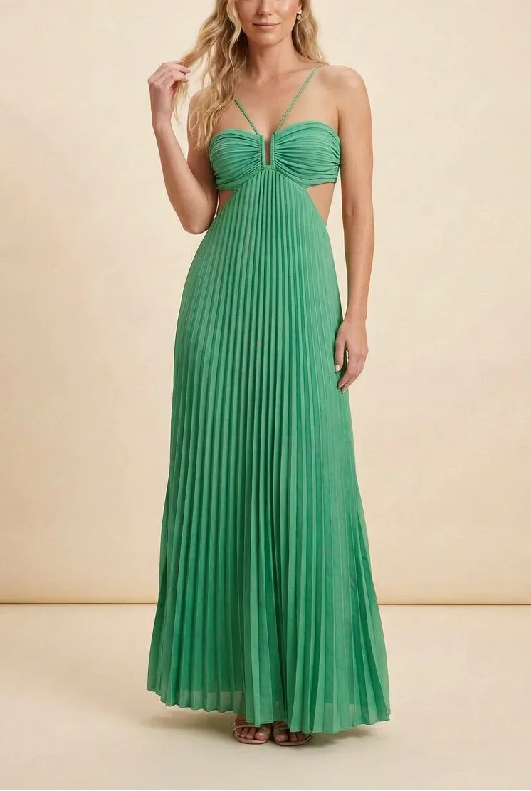 Women’s A-Line Flowy Maxi Wedding Guest Dress with Pleated Detail