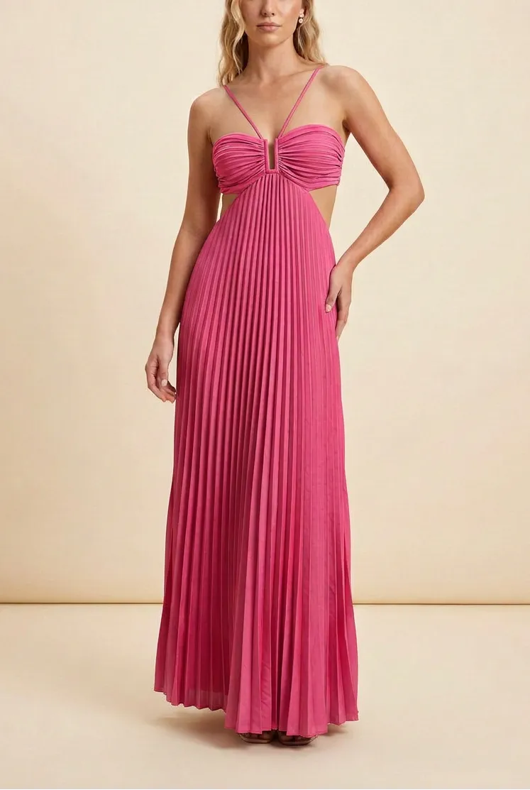 Women’s A-Line Flowy Maxi Wedding Guest Dress with Pleated Detail