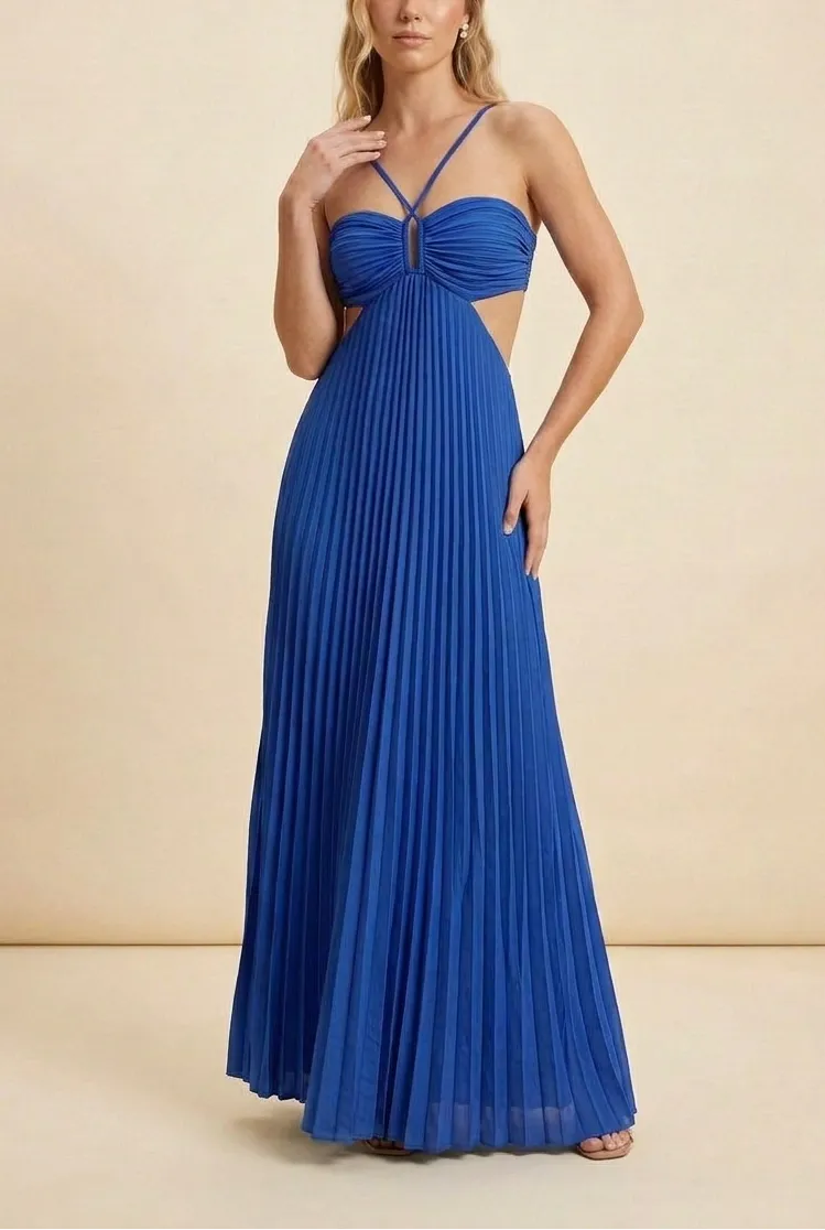 Women’s A-Line Flowy Maxi Wedding Guest Dress with Pleated Detail