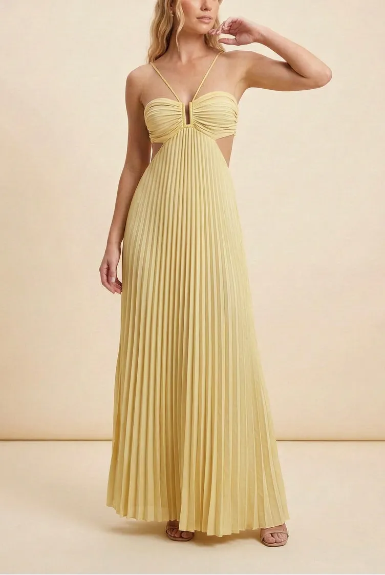 Women’s A-Line Flowy Maxi Wedding Guest Dress with Pleated Detail