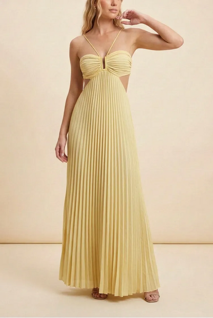 Women’s A-Line Flowy Maxi Wedding Guest Dress with Pleated Detail