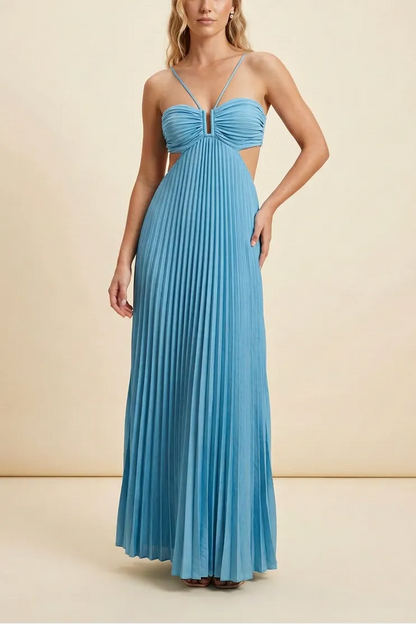 Women’s A-Line Flowy Maxi Wedding Guest Dress with Pleated Detail