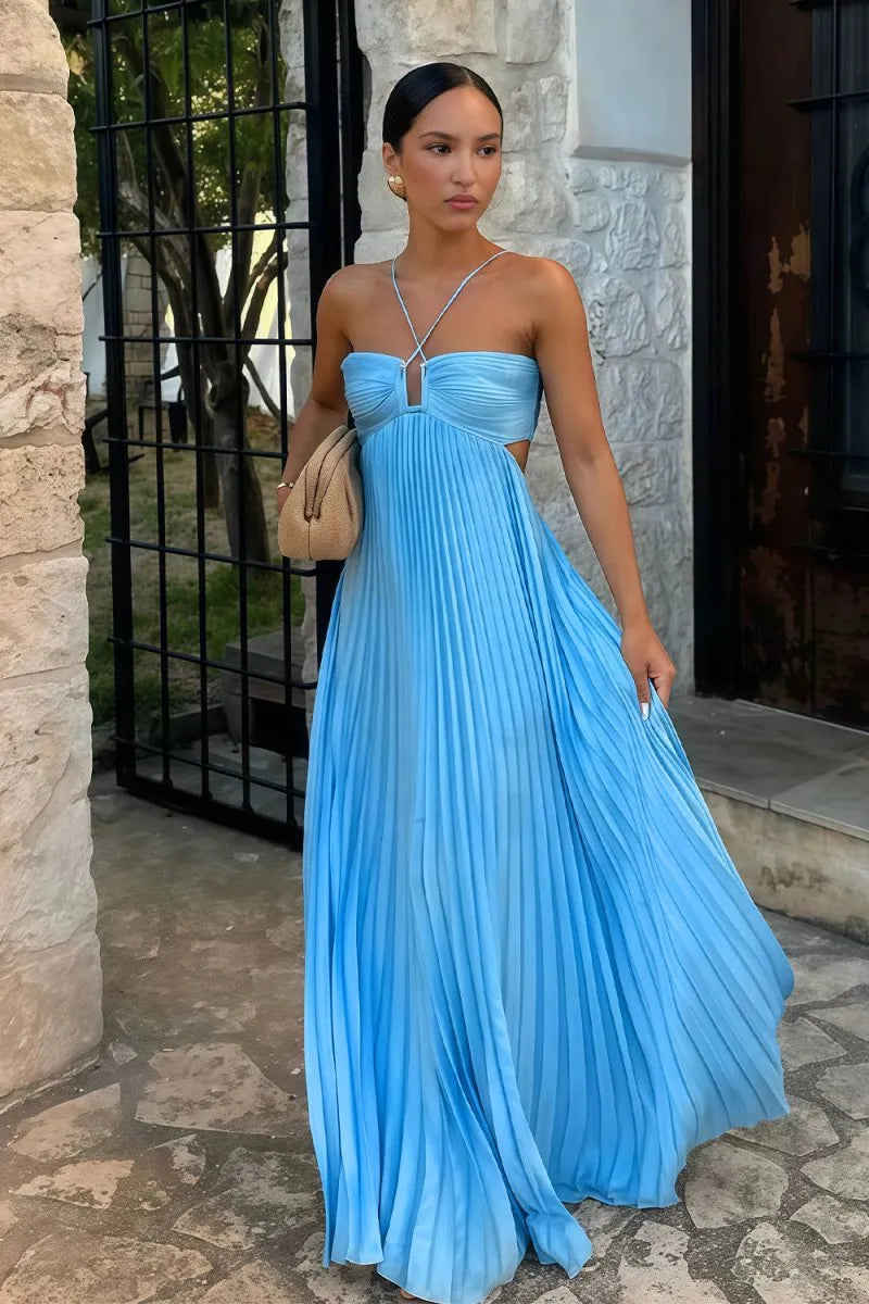 Women’s A-Line Flowy Maxi Wedding Guest Dress with Pleated Detail