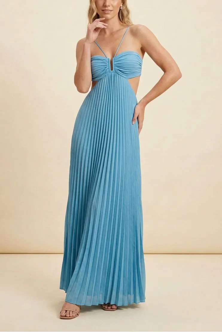 Women’s A-Line Flowy Maxi Wedding Guest Dress with Pleated Detail