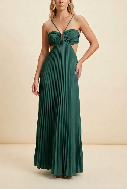Women’s A-Line Flowy Maxi Wedding Guest Dress with Pleated Detail