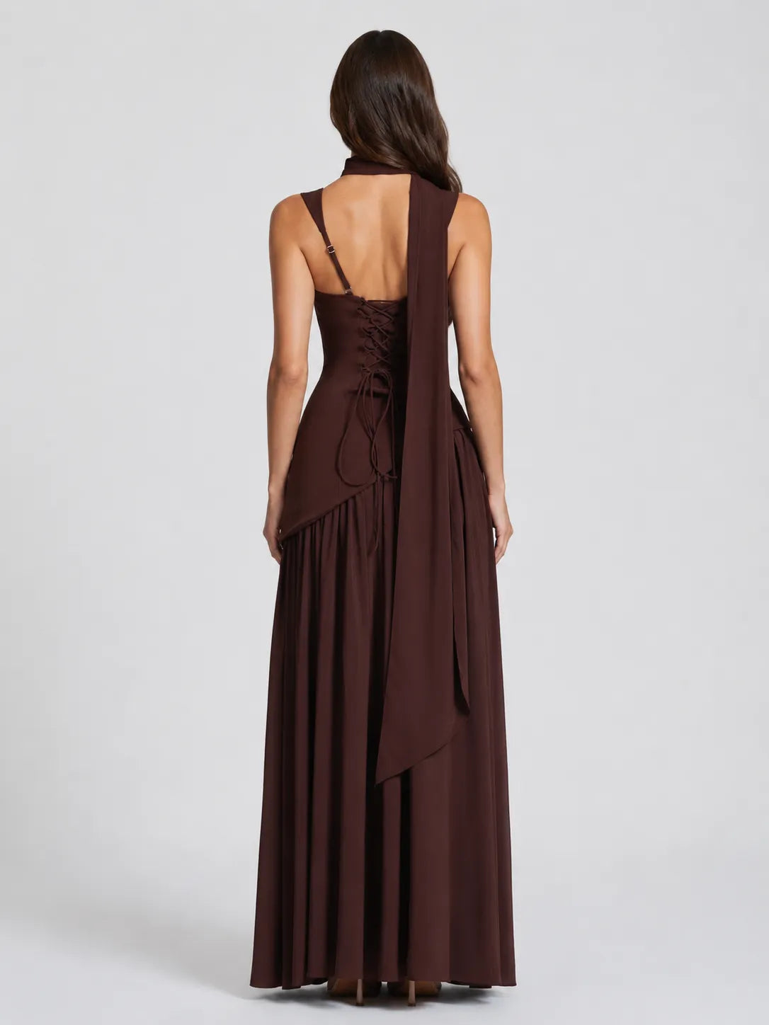 Women’s A- line Pleated Maxi Wedding Guest Dress with Scarf