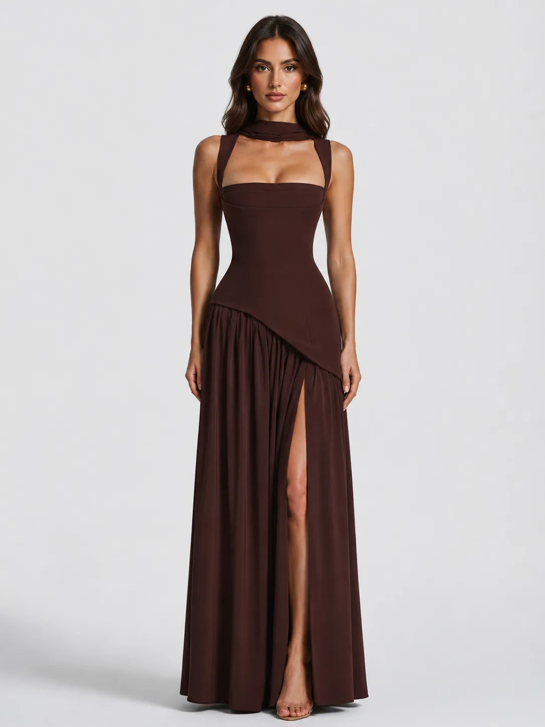 Women’s A- line Pleated Maxi Wedding Guest Dress with Scarf