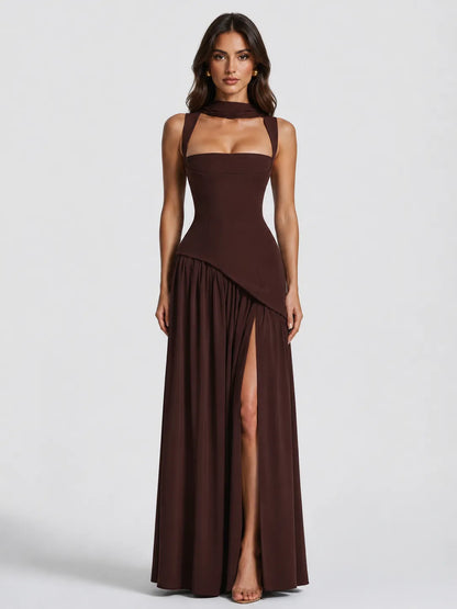 Women’s A- line Pleated Maxi Wedding Guest Dress with Scarf
