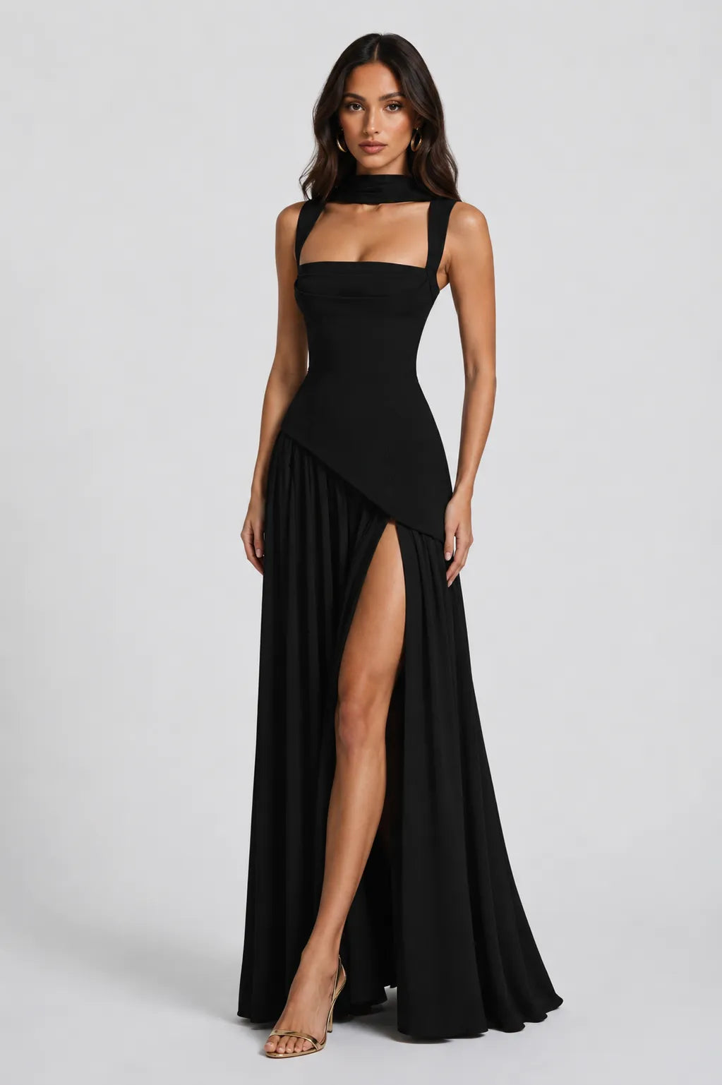 Women’s A- line Pleated Maxi Wedding Guest Dress with Scarf