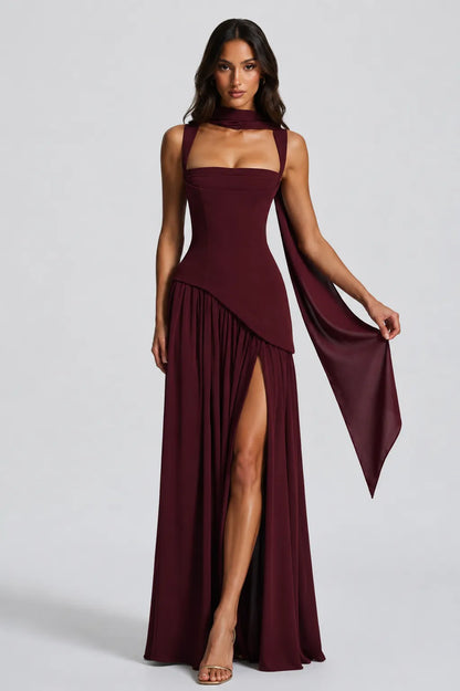 Women’s A- line Pleated Maxi Wedding Guest Dress with Scarf