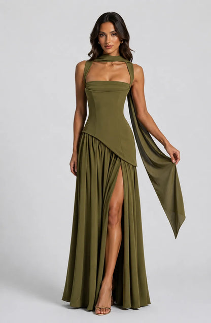Women’s A- line Pleated Maxi Wedding Guest Dress with Scarf