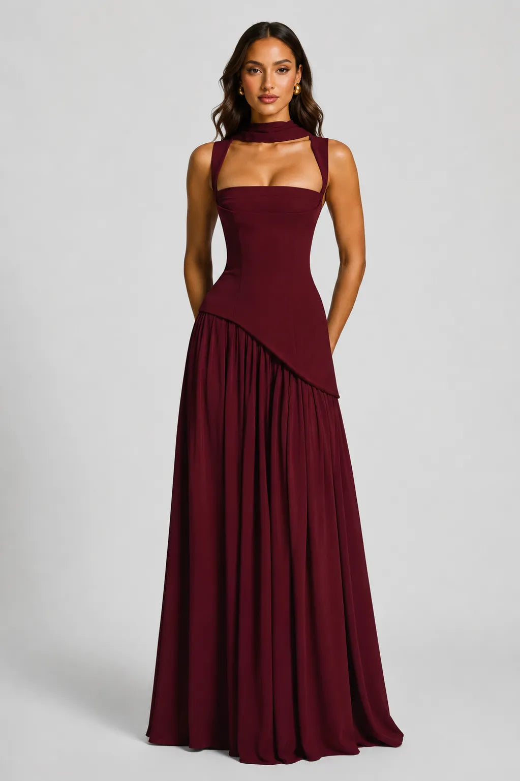 Women’s A- line Pleated Maxi Wedding Guest Dress with Scarf