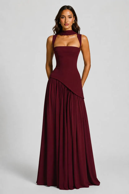 Women’s A- line Pleated Maxi Wedding Guest Dress with Scarf