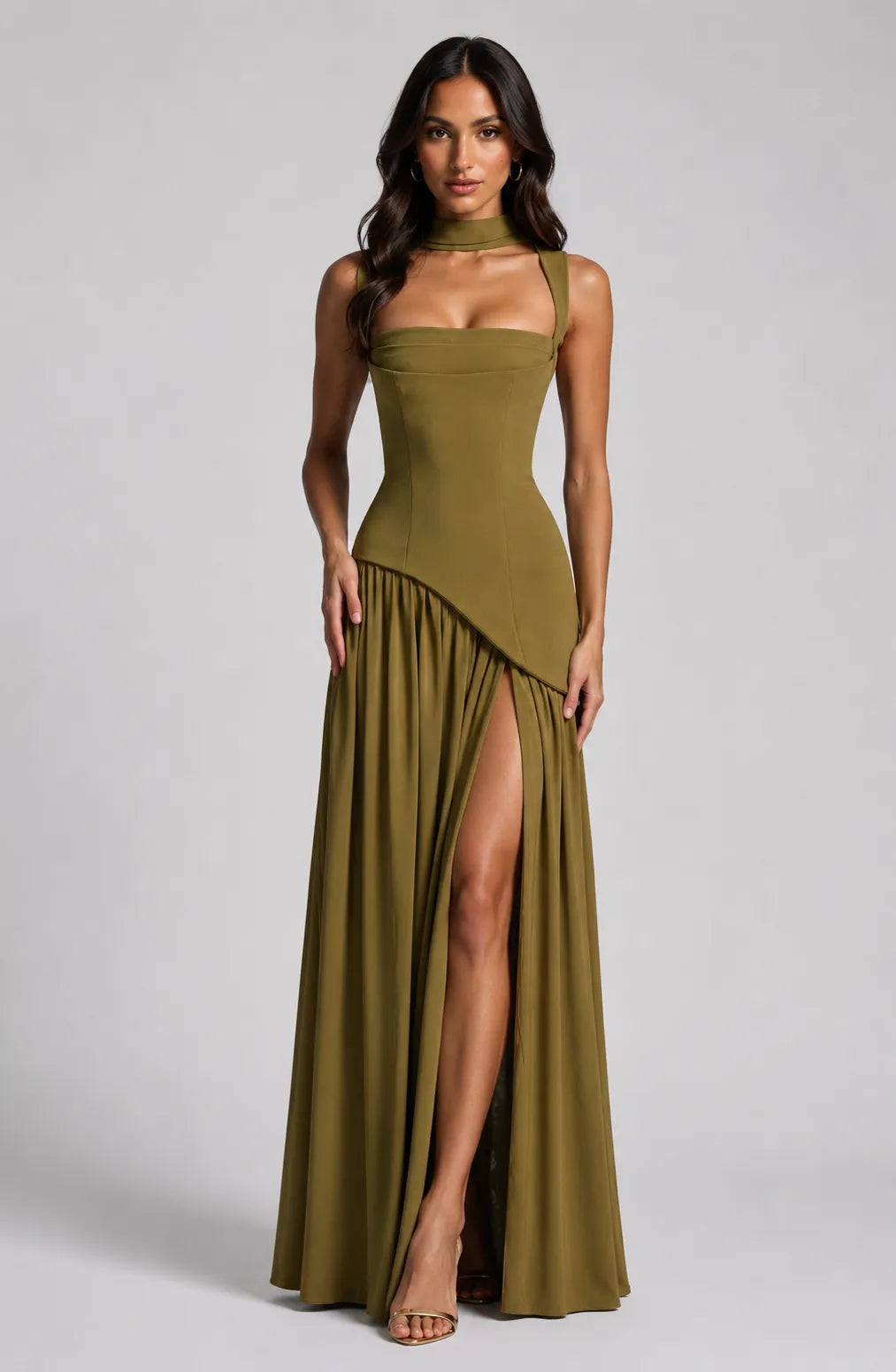 Women’s A- line Pleated Maxi Wedding Guest Dress with Scarf