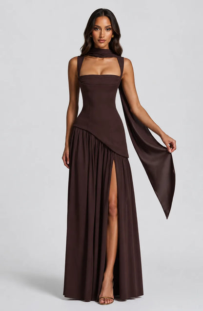 Women’s A- line Pleated Maxi Wedding Guest Dress with Scarf
