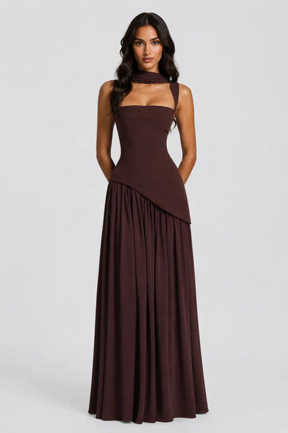 Women’s A- line Pleated Maxi Wedding Guest Dress with Scarf