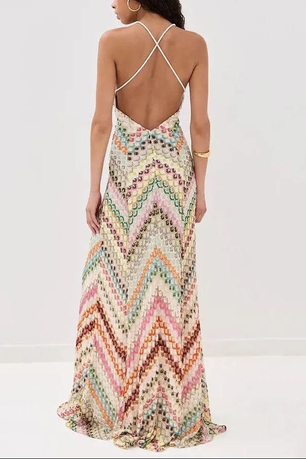 Women’s Boho Elegant Maxi Wedding Guest Dress with Open Back