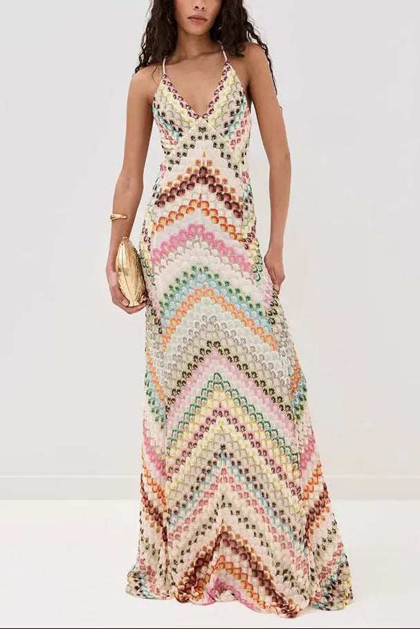 Women’s Boho Elegant Maxi Wedding Guest Dress with Open Back