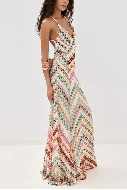 Women’s Boho Elegant Maxi Wedding Guest Dress with Open Back