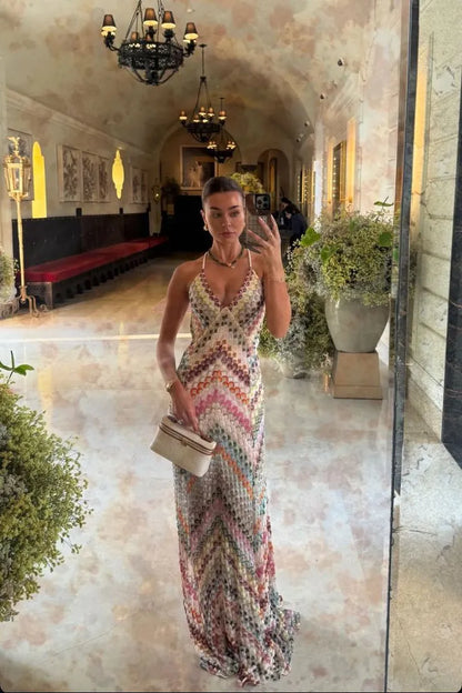 Women’s Boho Elegant Maxi Wedding Guest Dress with Open Back